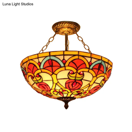 Tiffany Baroque Bowl Ceiling Light: Stained Glass Inverted Semi Flush Mount In Green/Red For Villas