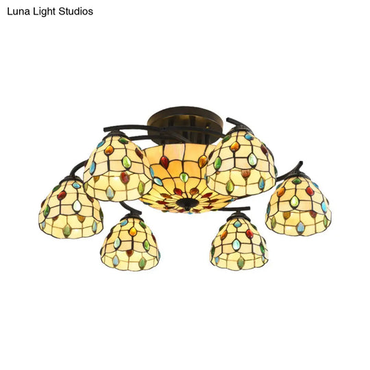 Tiffany Beaded Semi Flush Light - Beige Glass Ceiling Mounted Fixture For Bedroom (9/11 Lights)