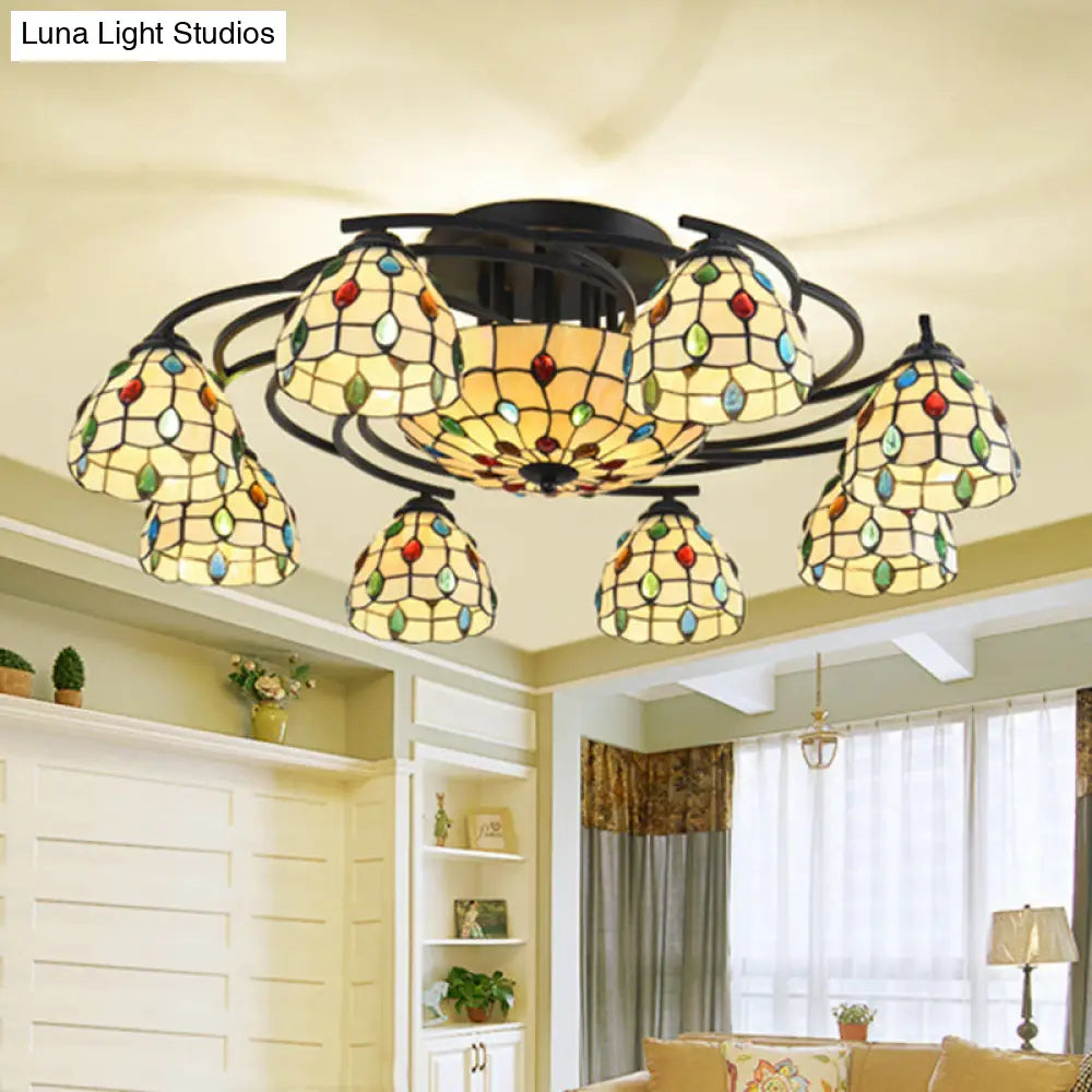 Tiffany Beaded Semi Flush Light - Beige Glass Ceiling Mounted Fixture For Bedroom (9/11 Lights) 11 /