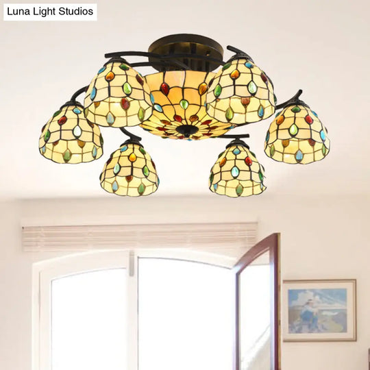 Tiffany Beaded Semi Flush Light - Beige Glass Ceiling Mounted Fixture For Bedroom (9/11 Lights) 9 /