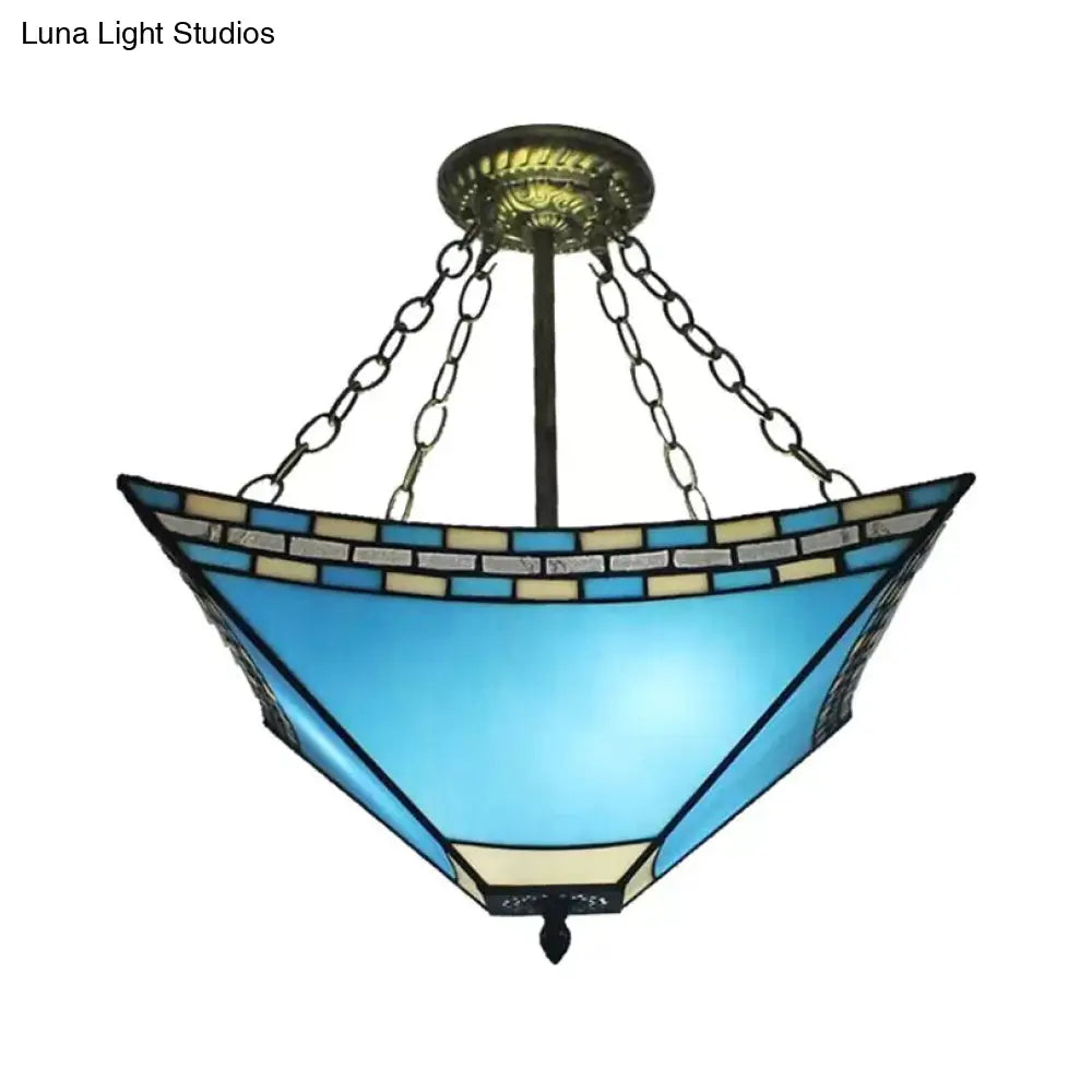 Tiffany Bedroom Ceiling Lights - 3-Light Pyramid Semi Flush With Chain And Stained Glass Shade 18