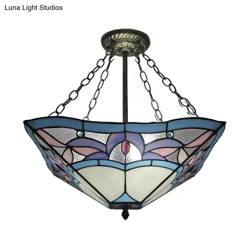 Tiffany Bedroom Ceiling Lights - 3-Light Pyramid Semi Flush With Chain And Stained Glass Shade 18