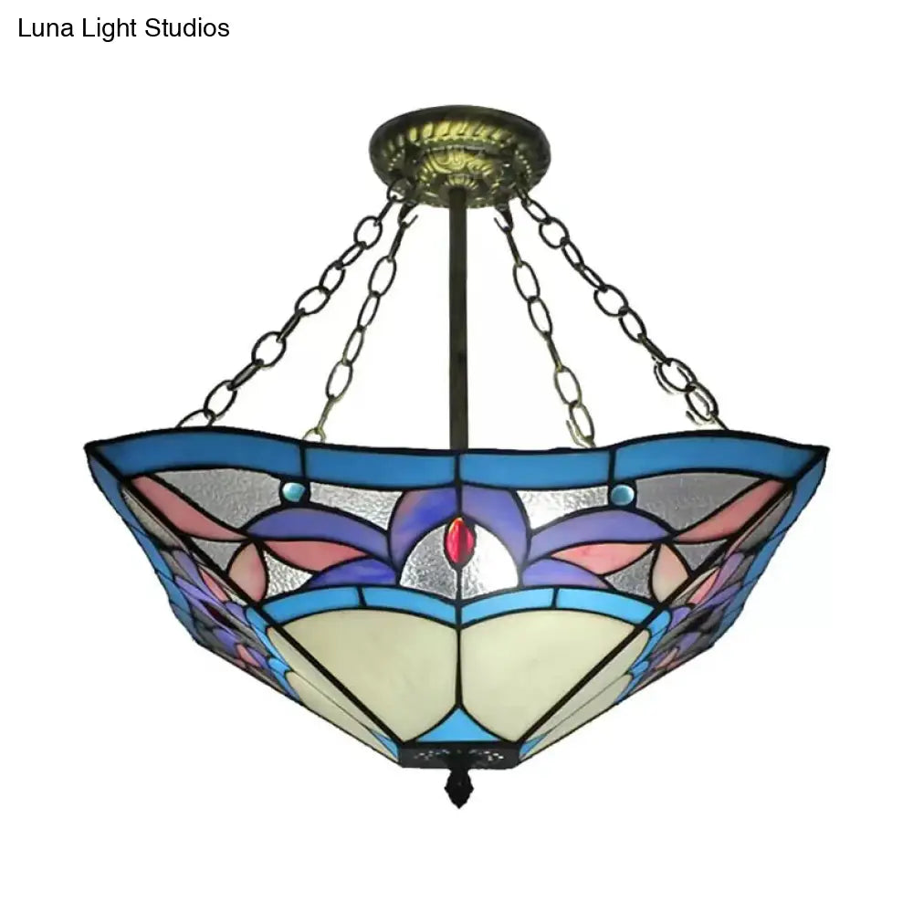 Tiffany Bedroom Ceiling Lights - 3-Light Pyramid Semi Flush With Chain And Stained Glass Shade 18