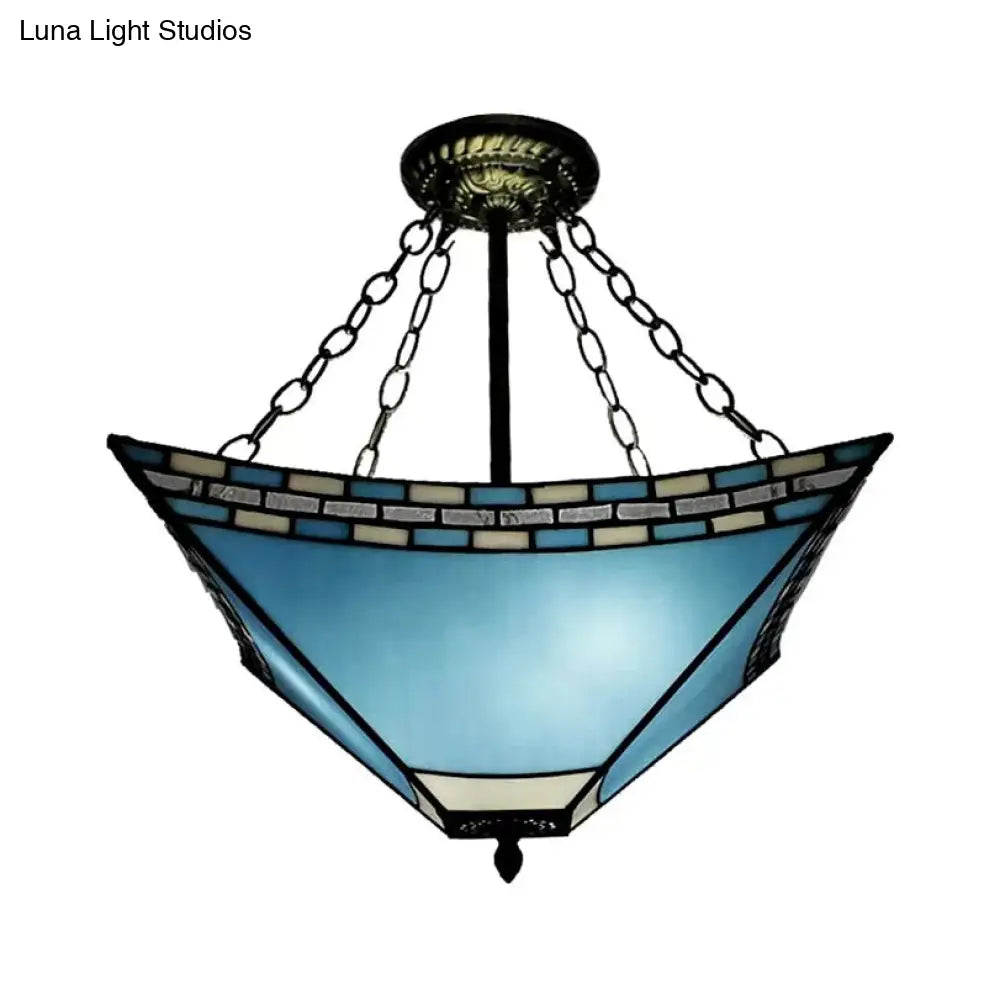 Tiffany Bedroom Ceiling Lights - 3-Light Pyramid Semi Flush With Chain And Stained Glass Shade 18