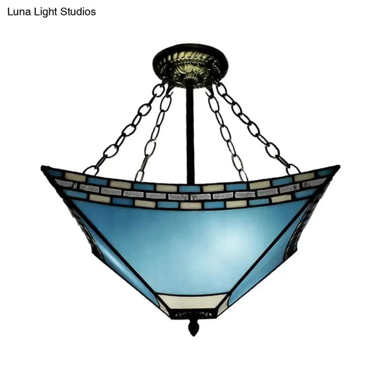 Tiffany Bedroom Ceiling Lights - 3-Light Pyramid Semi Flush With Chain And Stained Glass Shade 18