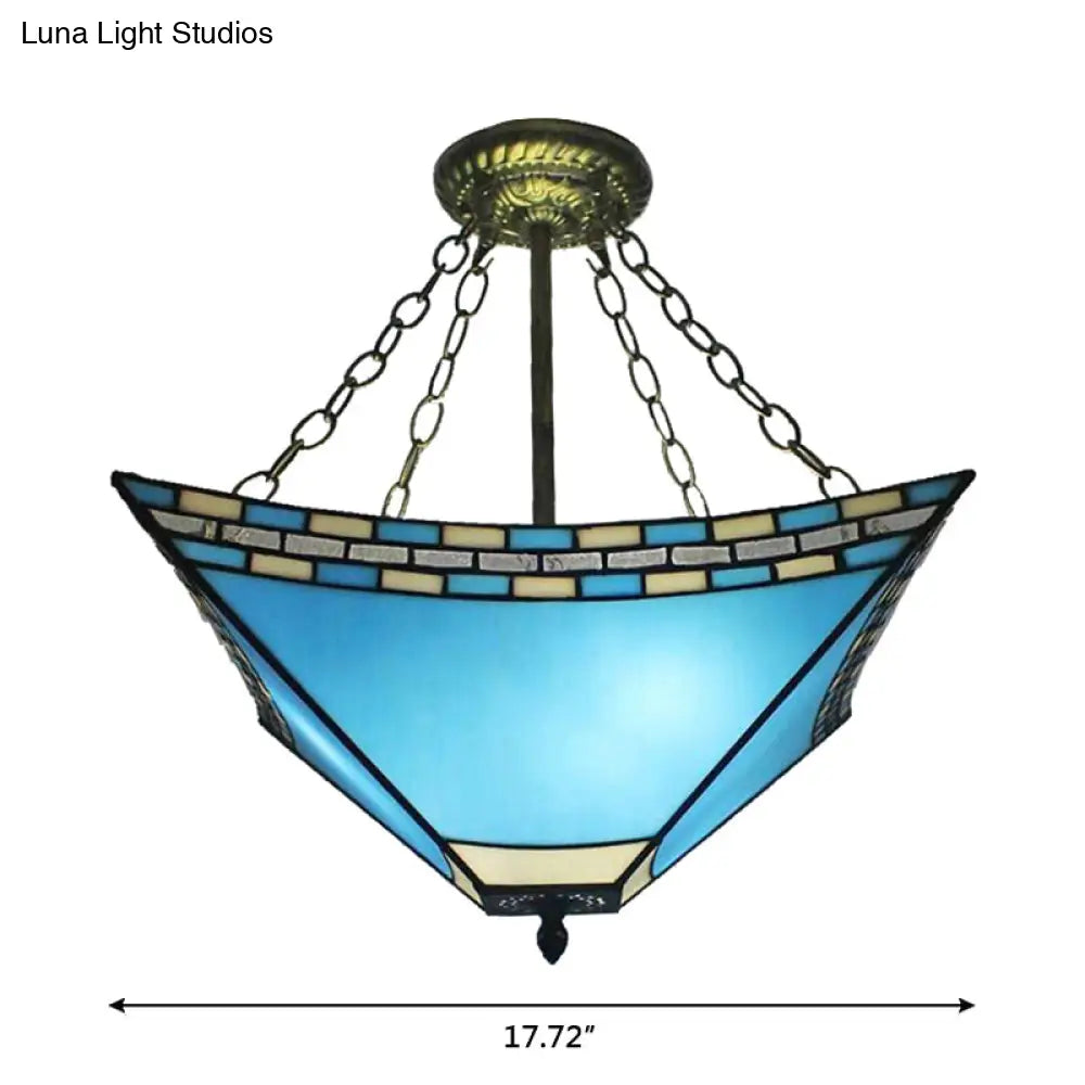 Tiffany Bedroom Ceiling Lights - 3-Light Pyramid Semi Flush With Chain And Stained Glass Shade