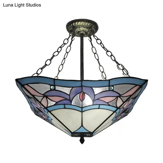 Tiffany Bedroom Ceiling Lights - 3-Light Pyramid Semi Flush With Chain And Stained Glass Shade