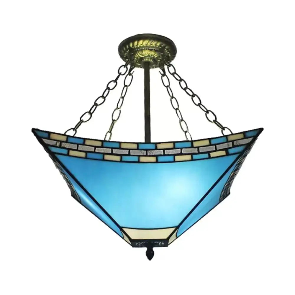 Tiffany Bedroom Ceiling Lights - 3-Light Pyramid Semi Flush With Chain And Stained Glass Shade