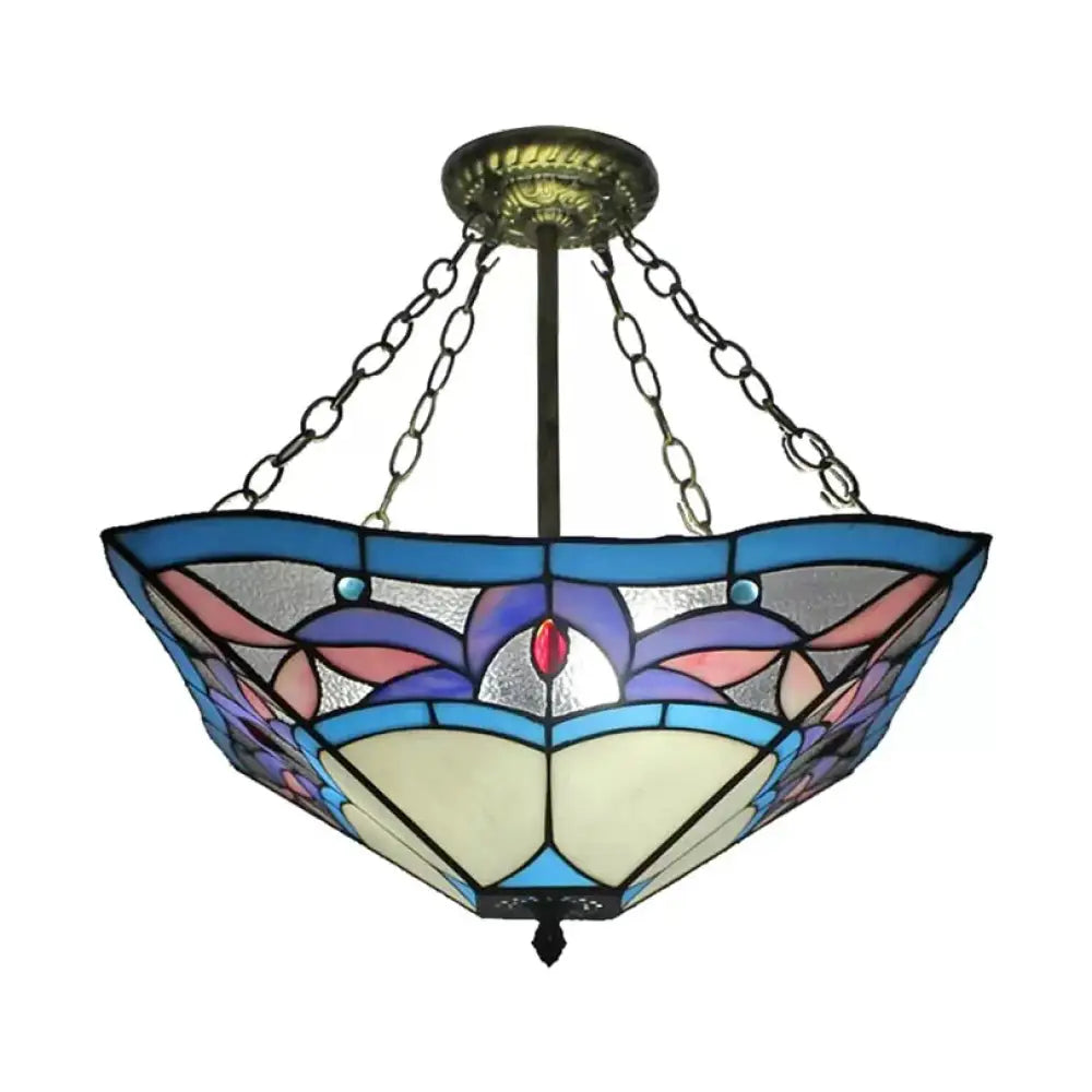 Tiffany Bedroom Ceiling Lights - 3-Light Pyramid Semi Flush With Chain And Stained Glass Shade