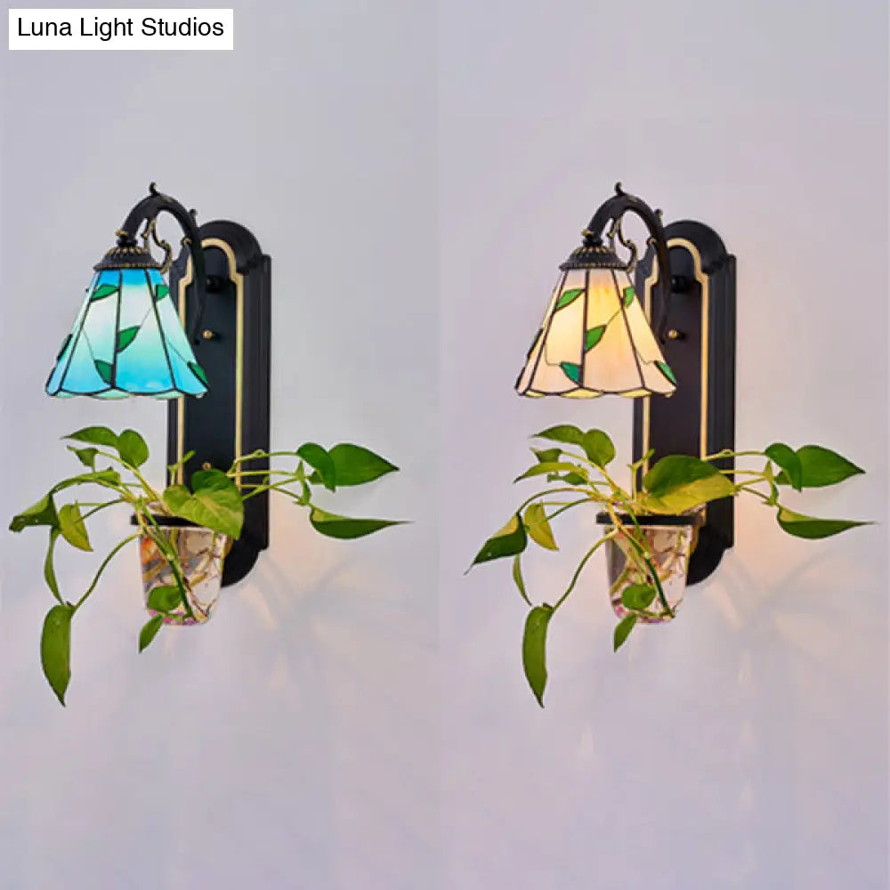 Tiffany Beige/Blue Glass Conical Sconce Lamp - 1 Head Black Wall Mount Light With Plant Design