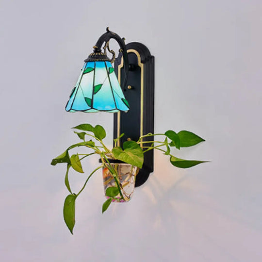 Tiffany Beige/Blue Glass Conical Sconce Lamp - 1 Head Black Wall Mount Light With Plant Design Blue