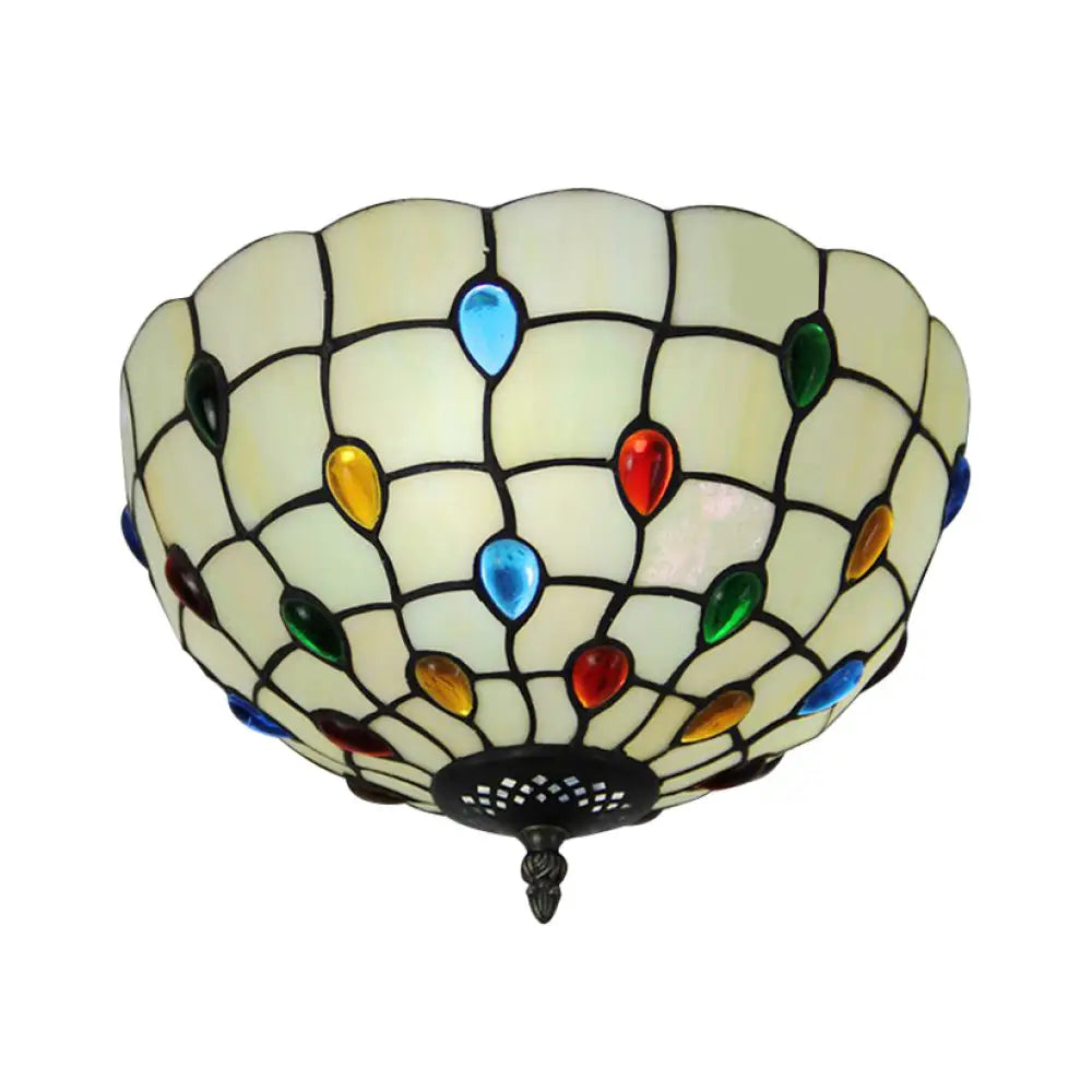Tiffany Beige Floral Shade Ceiling Light With Colorful Jewels - Ideal For Bedroom
