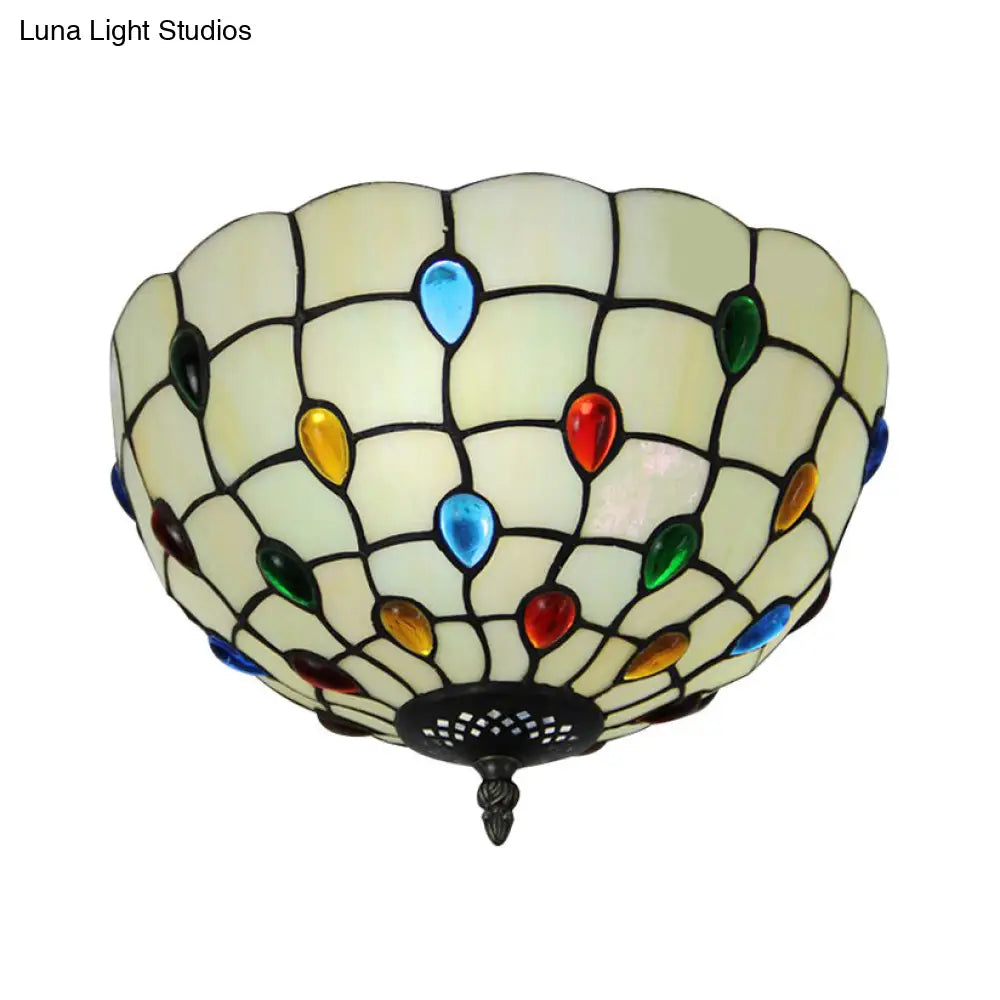 Tiffany Beige Floral Shade Ceiling Light With Colorful Jewels - Ideal For Bedroom