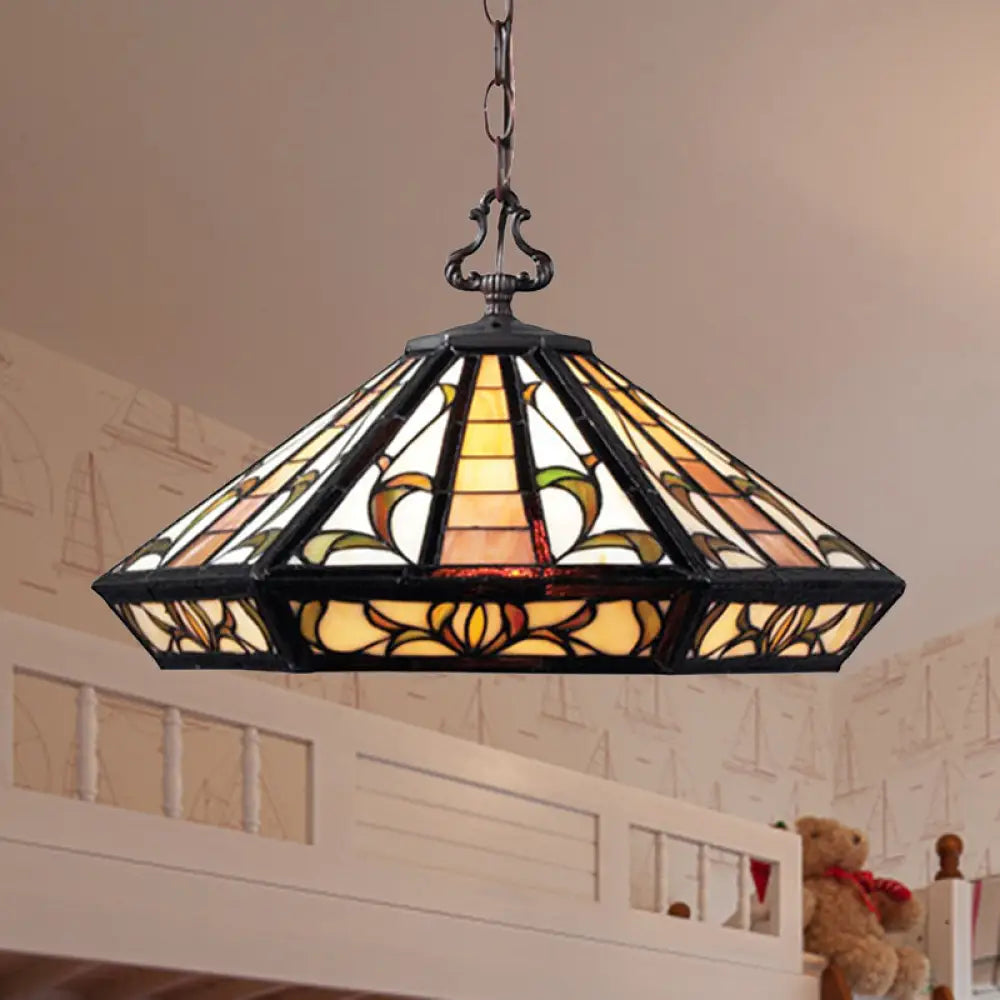 Tiffany Beige Geometric Stained Glass Pendant Ceiling Light For Bedroom