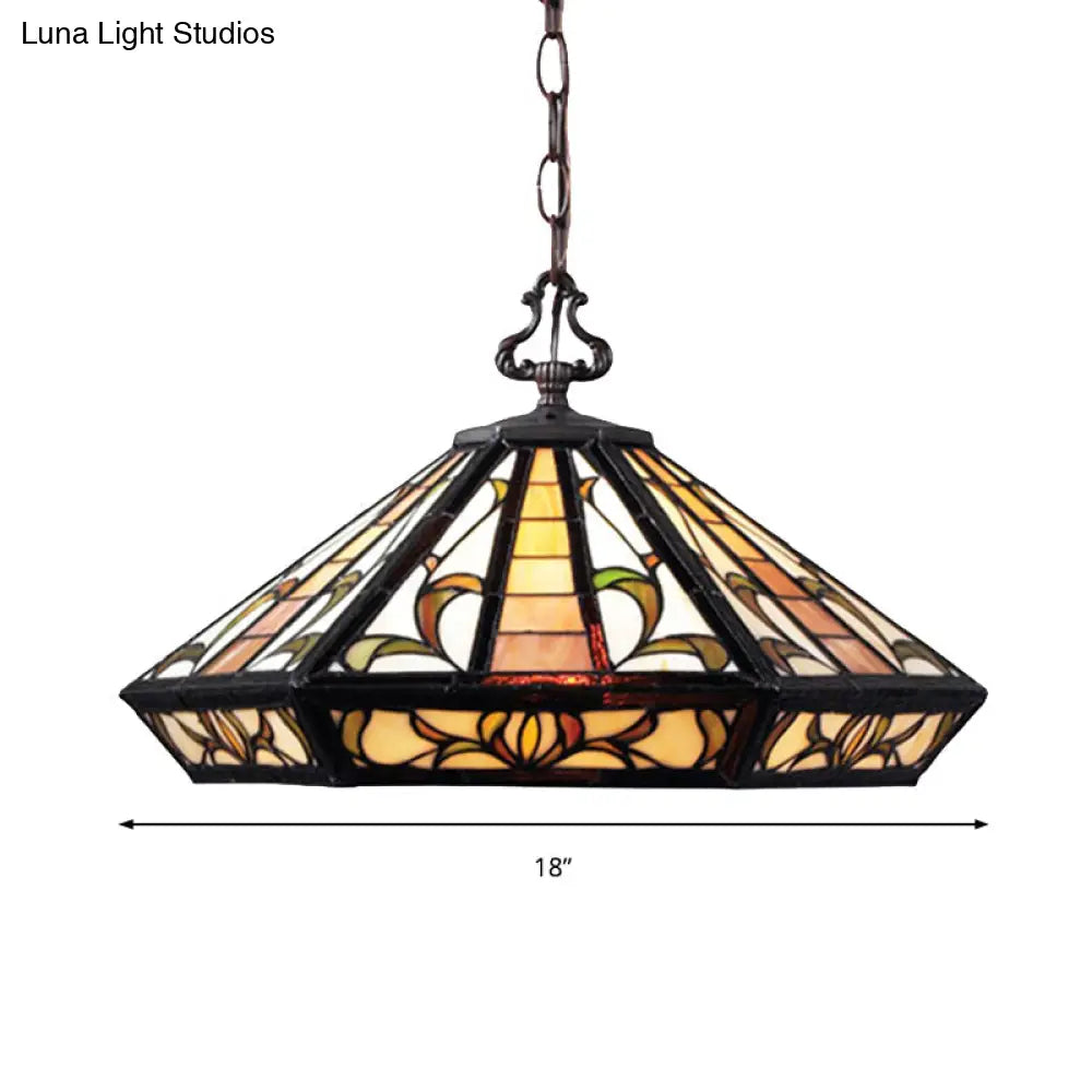 Tiffany Beige Geometric Stained Glass Pendant Ceiling Light For Bedroom