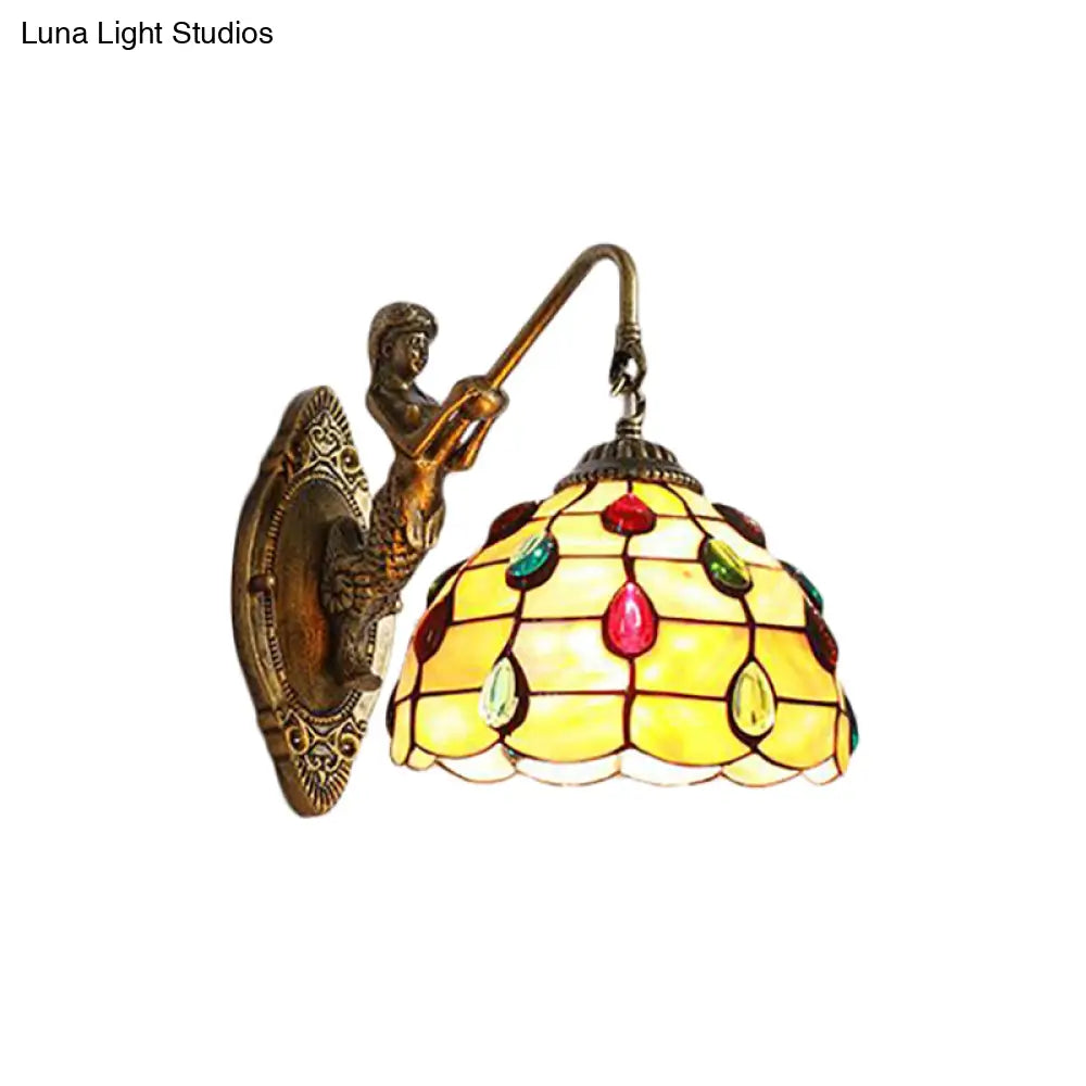 Tiffany Beige Glass Beaded Sconce Light Fixture - Mermaid Backplate Brass Wall Mount 1 Head