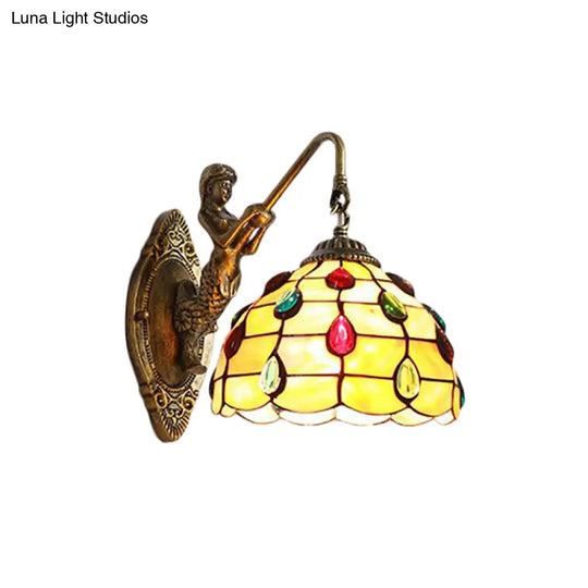 Tiffany Beige Glass Beaded Sconce Light Fixture - Mermaid Backplate Brass Wall Mount 1 Head