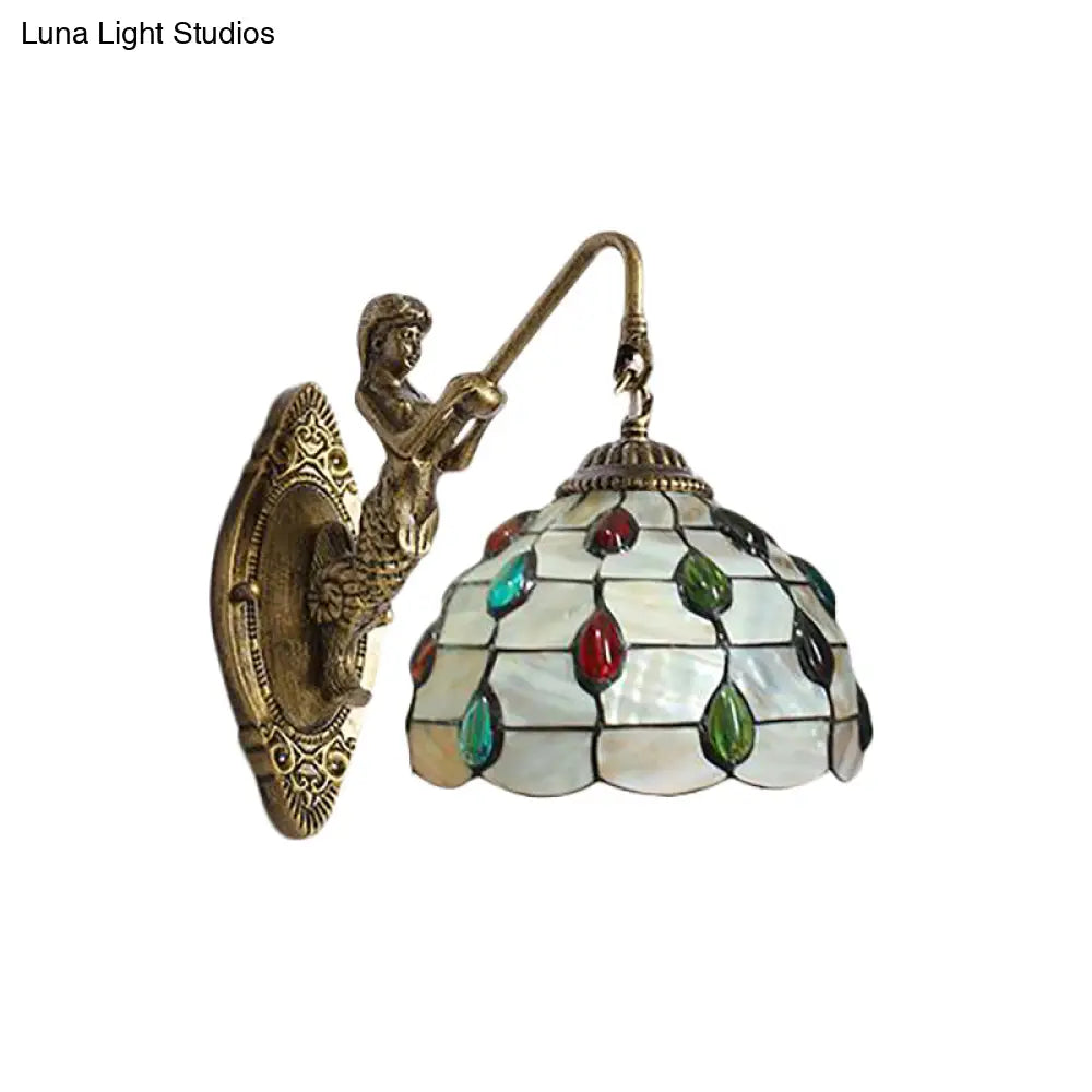 Tiffany Beige Glass Beaded Sconce Light Fixture - Mermaid Backplate Brass Wall Mount 1 Head