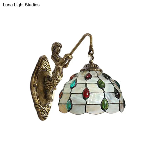 Tiffany Beige Glass Beaded Sconce Light Fixture - Mermaid Backplate Brass Wall Mount 1 Head