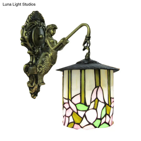 Tiffany Beige Glass Cylinder Sconce: Wall-Mounted Hallway Light With Flower Pattern