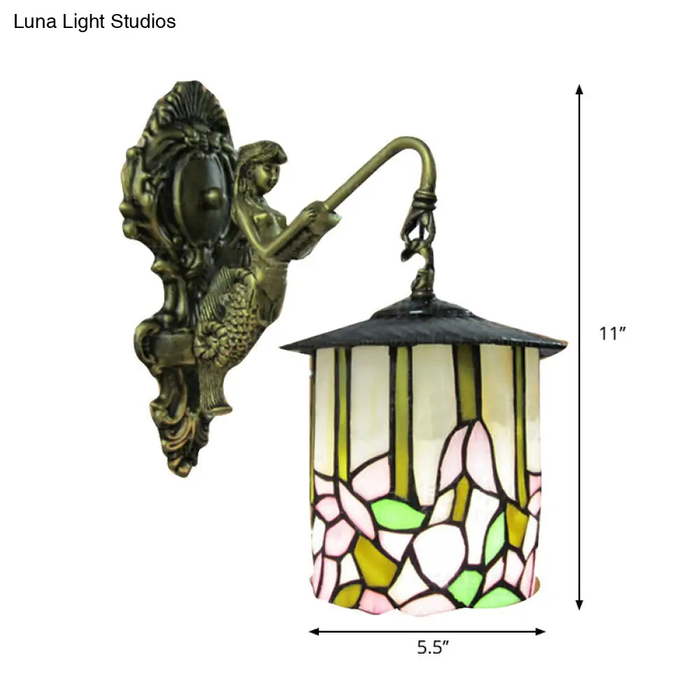 Tiffany Beige Glass Cylinder Sconce: Wall-Mounted Hallway Light With Flower Pattern