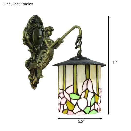 Tiffany Beige Glass Cylinder Sconce: Wall-Mounted Hallway Light With Flower Pattern