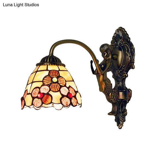 Tiffany Beige Glass Floral Sconce Wall Mount Light Fixture For Bedroom