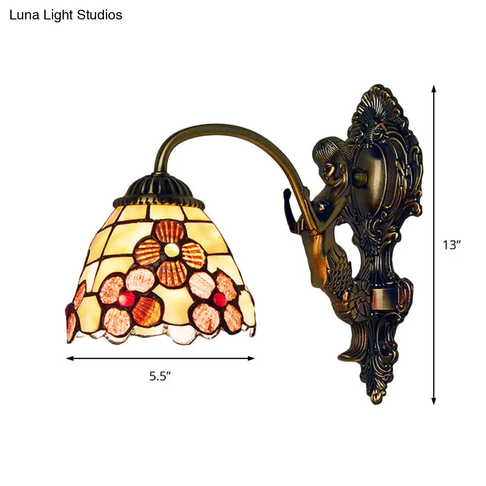 Tiffany Beige Glass Floral Sconce Wall Mount Light Fixture For Bedroom