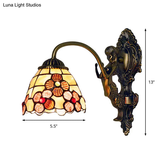 Tiffany Beige Glass Floral Sconce Wall Mount Light Fixture For Bedroom