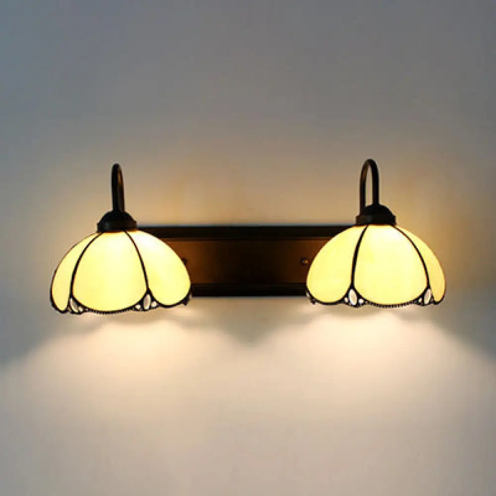 Tiffany Beige Glass Petal Wall Sconce Light - 2 Heads Black Fixture Bedroom