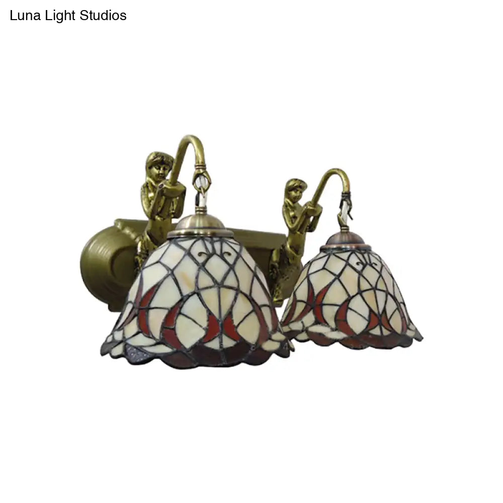 Tiffany Beige Glass Wall Mount Light With Mermaid Backplate - 2-Head Dome Sconce Lighting