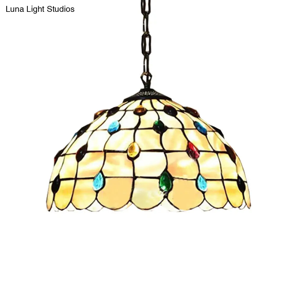 Tiffany Beige Pendant Light With Stained Glass Shade - Elegant Study Ceiling Fixture