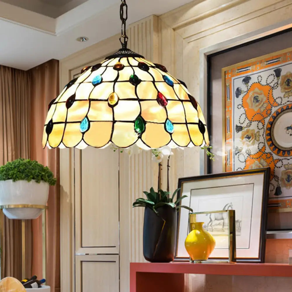 Tiffany Beige Pendant Light With Stained Glass Shade - Elegant Study Ceiling Fixture