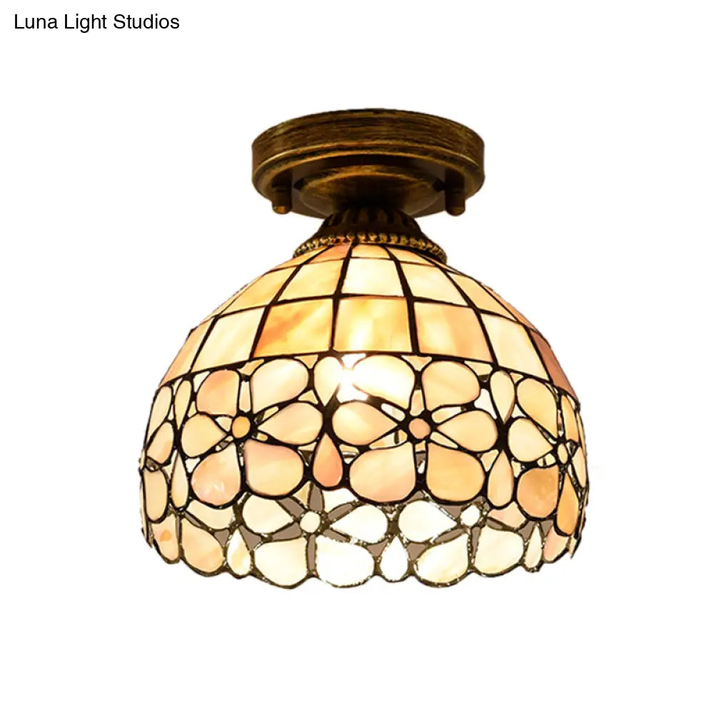 Tiffany Beige/Pink/Orange Shell Mini Flush Light Fixture - Natural Decorative Ceiling Lamp