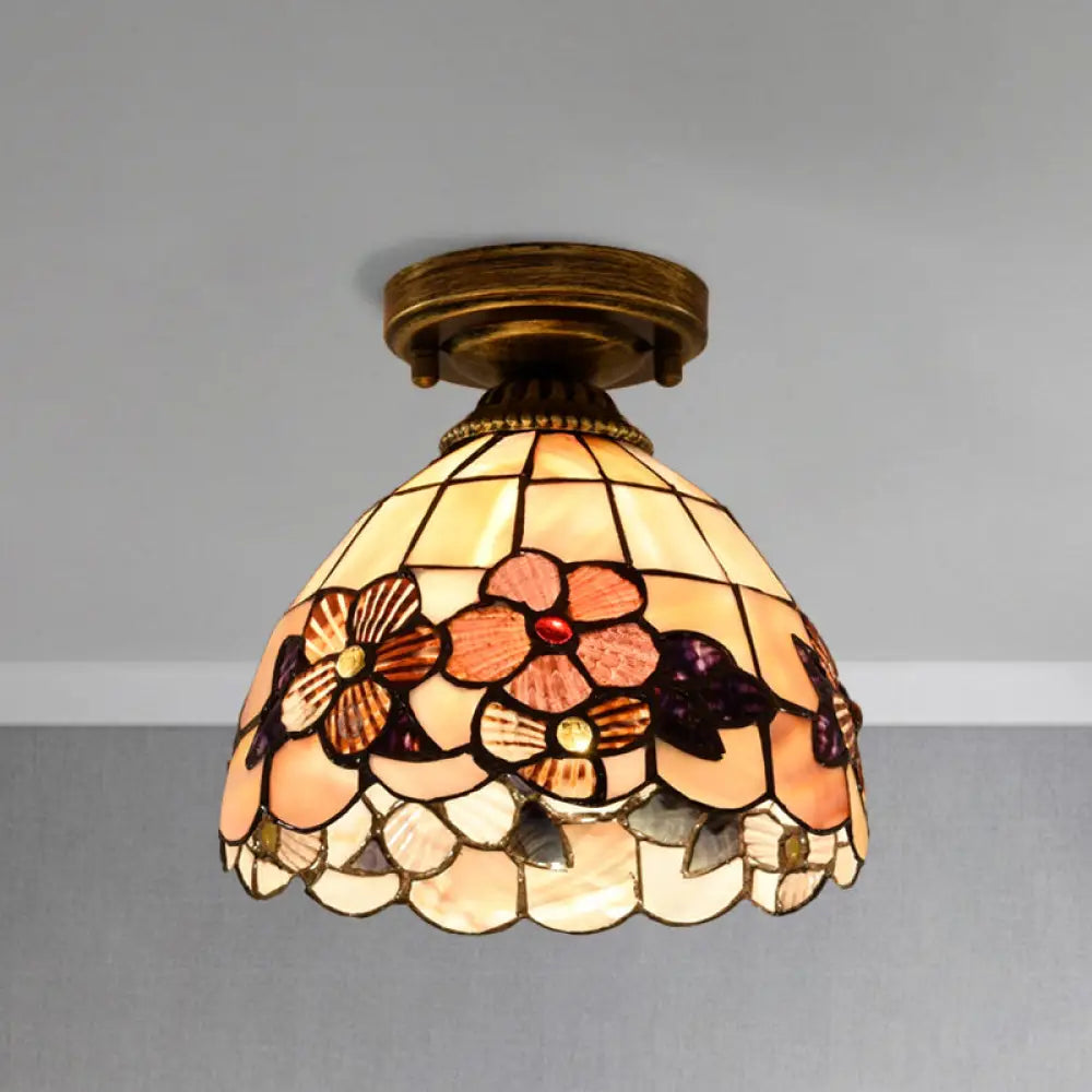 Tiffany Beige/Pink/Orange Shell Mini Flush Light Fixture - Natural Decorative Ceiling Lamp Orange