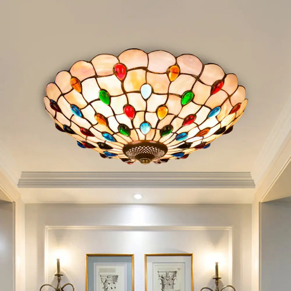 Tiffany Beige Shell Flush Mount Ceiling Light - 3/4 - Light Cabochons - Embellished Ideal For
