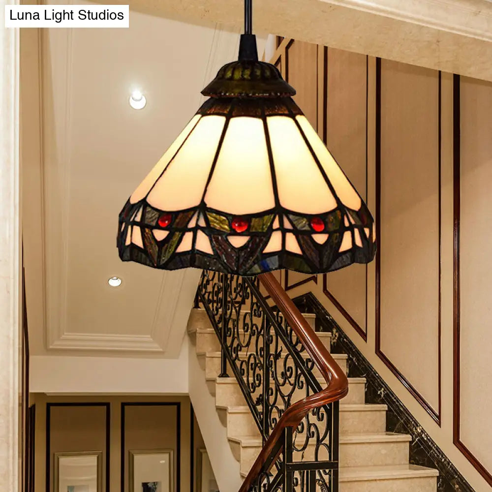 Tiffany Beige Stained Glass Ceiling Pendant Light - Wide Flare Down Lighting For Stairway