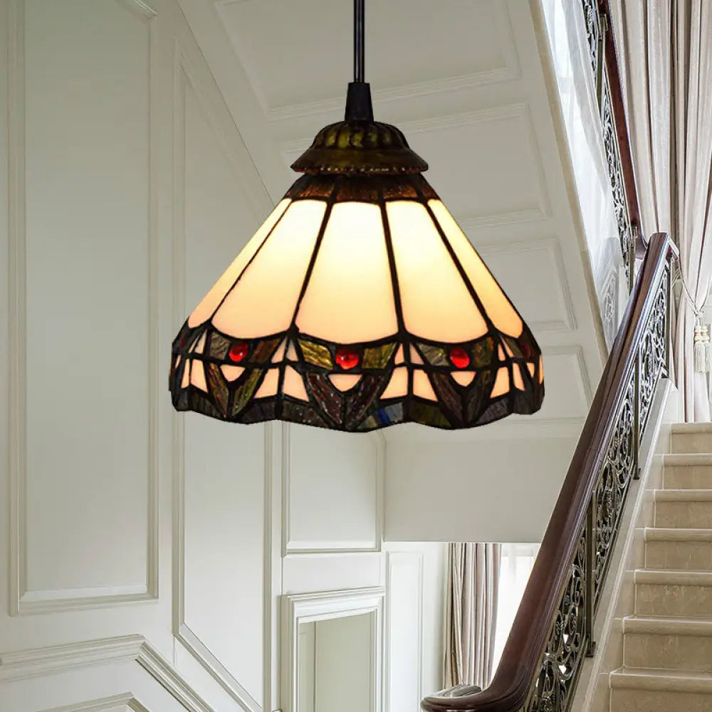 Tiffany Beige Stained Glass Ceiling Pendant Light - Wide Flare Down Lighting For Stairway