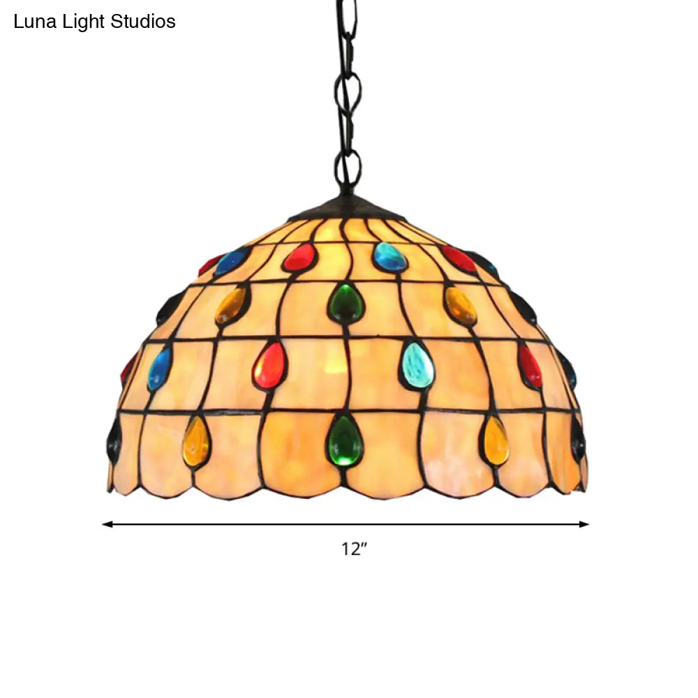 Tiffany Beige Stained Glass Stair Pendant Light With Beaded Shade