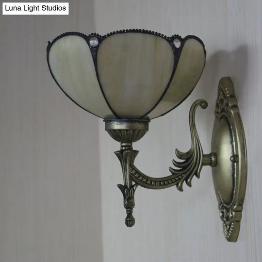 Tiffany Beige/Yellow Glass Wall Sconce Light With Bronze Finish - Flower/Bowl Design 1-Bulb