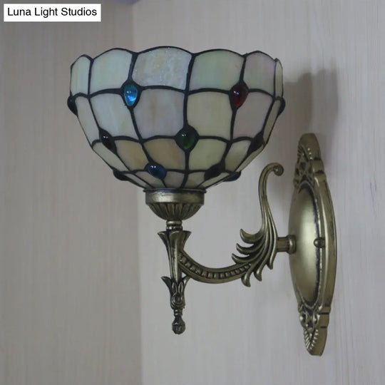 Tiffany Beige/Yellow Glass Wall Sconce Light With Bronze Finish - Flower/Bowl Design 1-Bulb