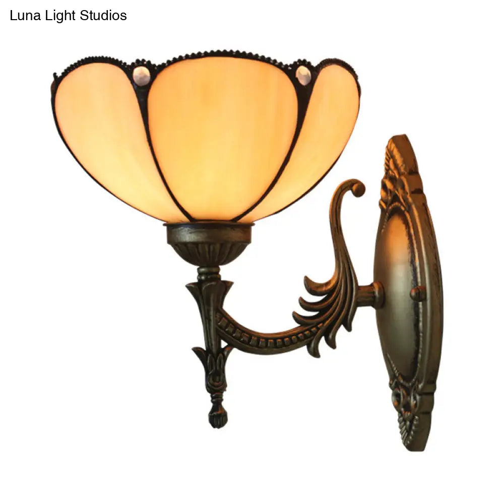 Tiffany Beige/Yellow Glass Wall Sconce Light With Bronze Finish - Flower/Bowl Design 1-Bulb