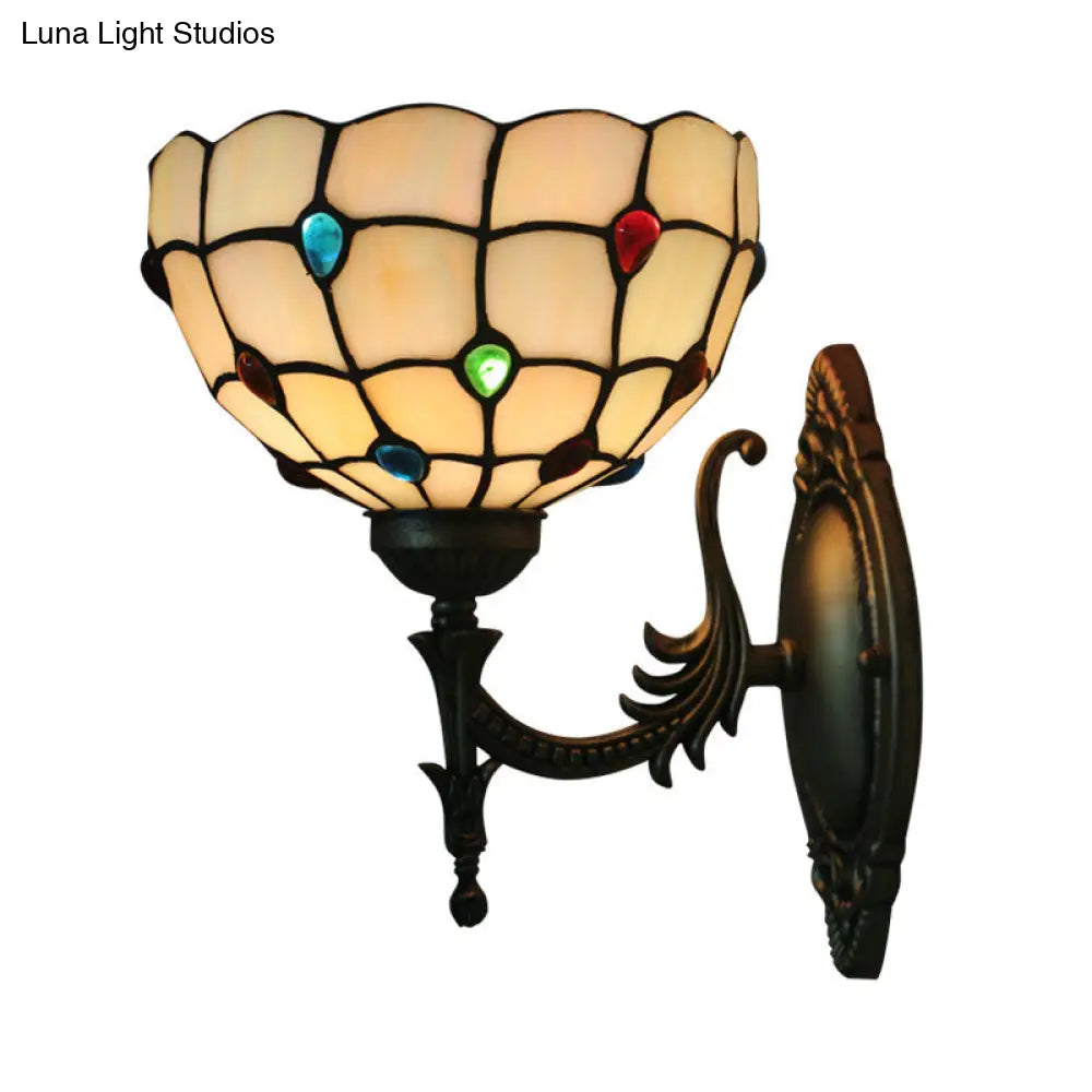 Tiffany Beige/Yellow Glass Wall Sconce Light With Bronze Finish - Flower/Bowl Design 1-Bulb