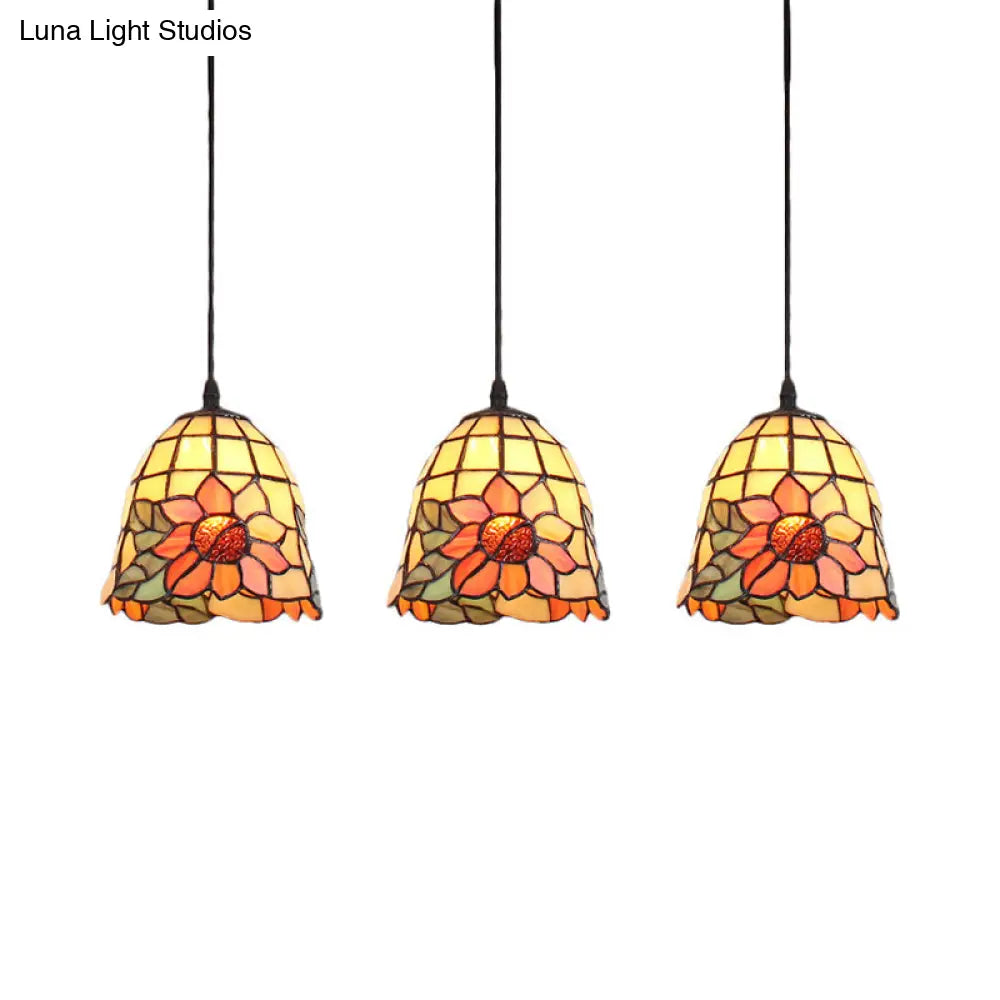 Tiffany Bell Orange Handcrafted Art Glass Pendant Light With 3 Clustered Heads - Unique Suspension