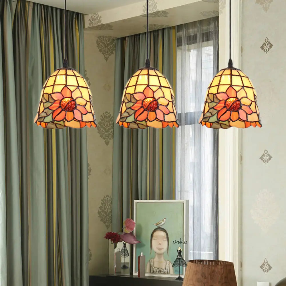 Tiffany Bell Orange Handcrafted Art Glass Pendant Light With 3 Clustered Heads - Unique Suspension