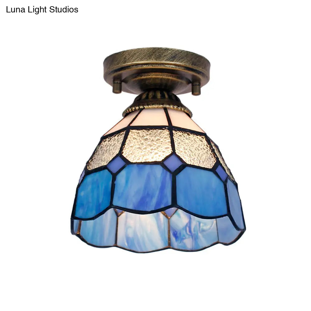 Tiffany Bell Shaped Semi Flush Light With Gridded Glass Ceiling Mount & Scalloped Trim