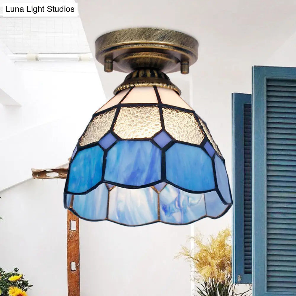 Tiffany Bell Shaped Semi Flush Light With Gridded Glass Ceiling Mount & Scalloped Trim Blue