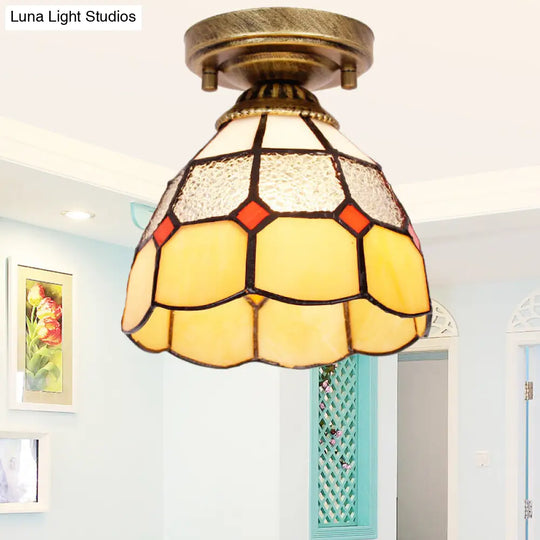 Tiffany Bell Shaped Semi Flush Light With Gridded Glass Ceiling Mount & Scalloped Trim Yellow