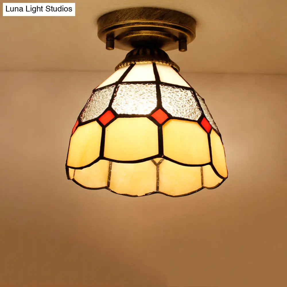 Tiffany Bell Shaped Semi Flush Light With Gridded Glass Ceiling Mount & Scalloped Trim