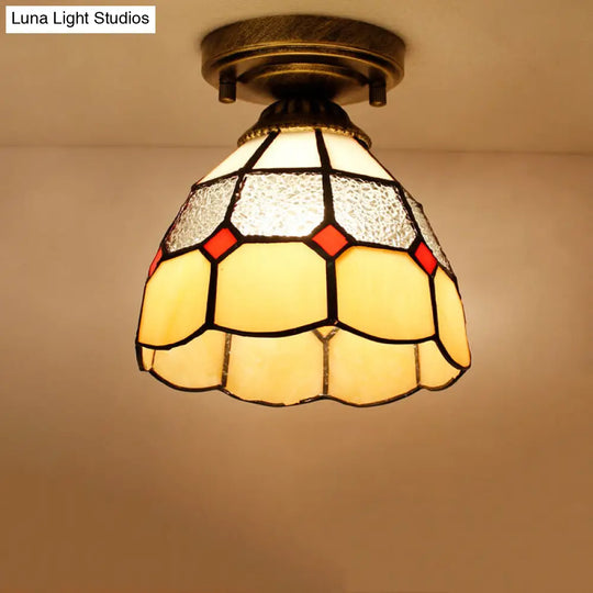 Tiffany Bell Shaped Semi Flush Light With Gridded Glass Ceiling Mount & Scalloped Trim